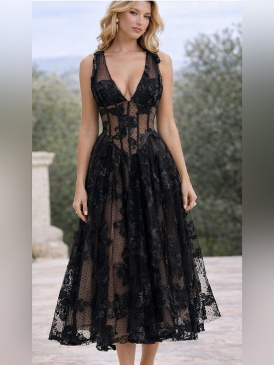 House of CB Dresses & Skirts - House of CB Sianna Black Embroidered Tulle Corset Midi Dress NWT Size Small
